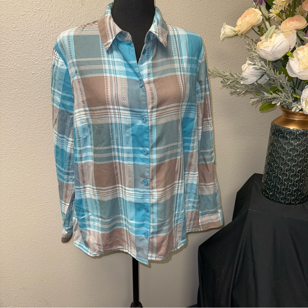 Allison Daley Blue Taupe Plaid Button Down Shirt Shimmer Career Blouse